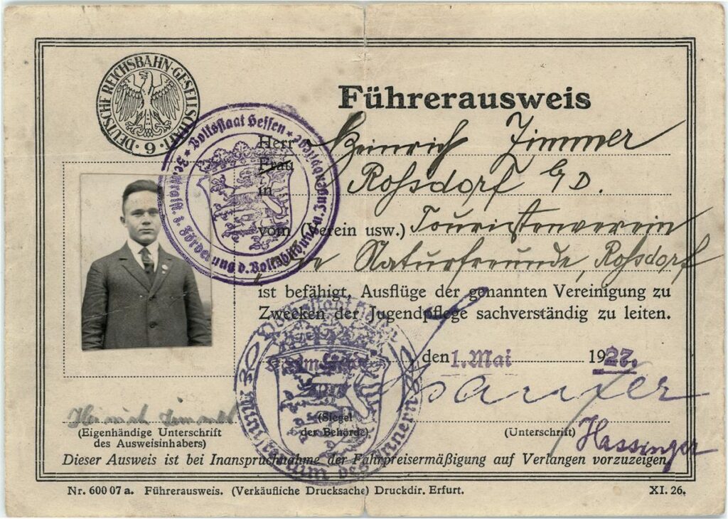 NF Roßdorf Reichsbahnausweis Wanderführer für ermäßigte Fahrten 1927 Heinrich Zimmer (